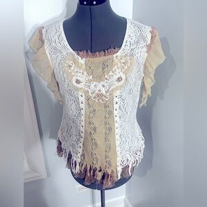 Pretty Angel Women M Cream Layered  Lace Embellished Linen Blend Boho Fringe